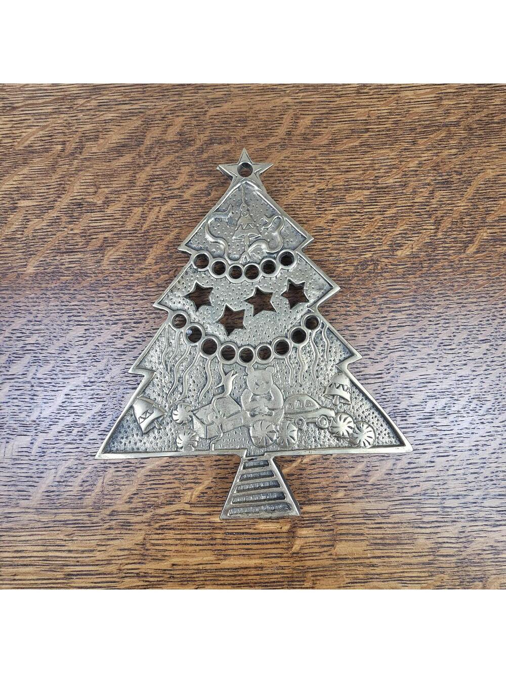 Vintage Solid Brass Christmas Tree Trivet | Teddy Bear Toy Car Kitchen Decor